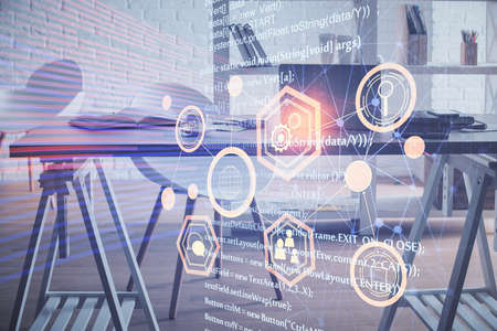 Multi exposure of data theme drawing and office interior background. Concept of technology.