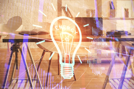 Double exposure of bulb and office interior background. Concept of idea.の写真素材