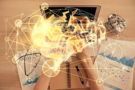 Double exposure of woman working on computer andhuman brain hologram drawing. Top View. Ai concept.の写真素材