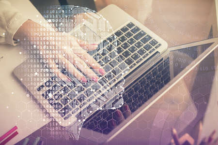 Multi exposure of woman hands working on computer and human brain hologram drawing. Ai tech concept.
