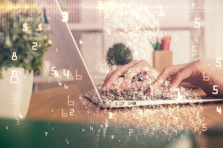 Double exposure of woman hands typing on computer and technology theme drawing. High Tech concept.
