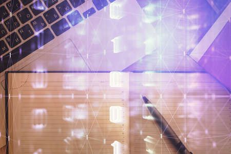 Multi exposure of data theme drawing hologram over topview work desk background with computer. Concept of technology.の写真素材