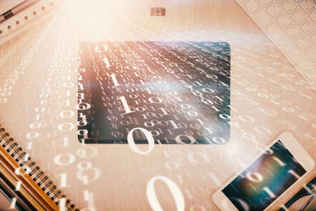 Multi exposure of technology theme drawing over work table desktop. Top view. Global data analysis concept.の写真素材