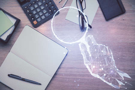 Double exposure of creative drawing and work table top veiw. Concept of startup.の写真素材
