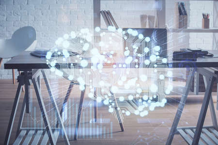 Multi exposure of brain drawing and office interior background. Concept of data technology.の写真素材