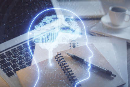Double exposure of brain drawing and desktop with coffee and items on table background. Concept of...