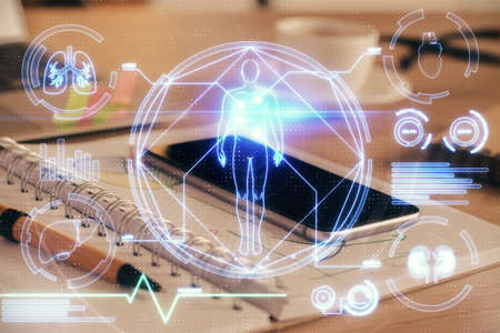 Double exposure of education theme drawing and cell phone background.