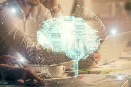 Double exposure of man and woman working together and brain drawing hologram. Intellectual...