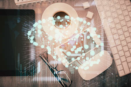 Double exposure of brain drawing over work table desktop. Top view. Global data analysis concept.の写真素材