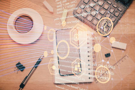 Multi exposure of technology theme drawing over work table desktop. Top view. Global data analysis...