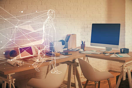 Multi exposure of creative theme drawings and office interior background.
