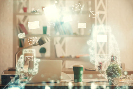 Multi exposure of envelops drawings and office interior background. E-mail concept.の写真素材