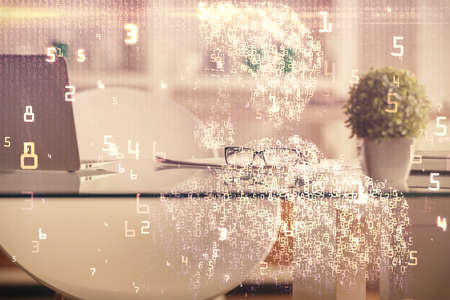 Double exposure of tech theme drawings and office interior background. Technology concept.
