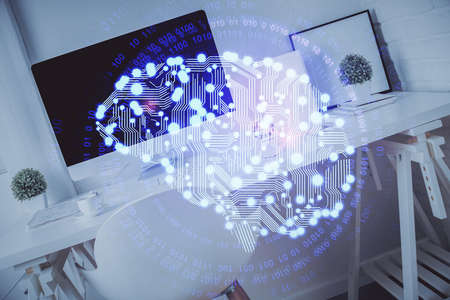 Multi exposure of brain drawing and office interior background. Concept of data technology.