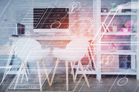 Multi exposure of data theme drawing and office interior background. Concept of technology.