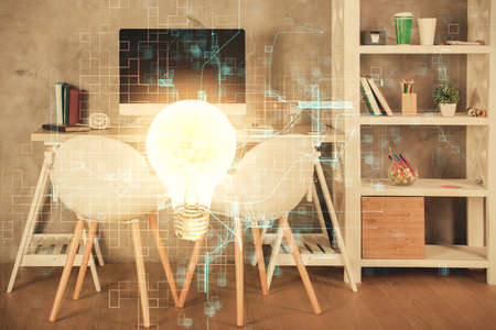 Double exposure of bulb and office interior background. Concept of idea.の写真素材