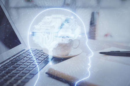 Double exposure of brain drawing and desktop with coffee and items on table background. Concept of research.の写真素材