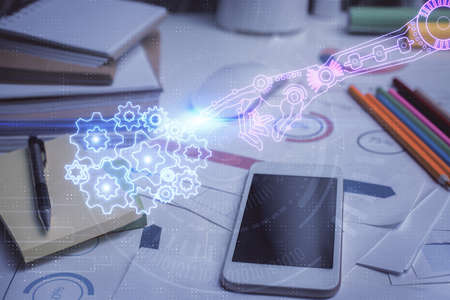 Double exposure of data theme drawing and mobile phone background. Concept of innovation