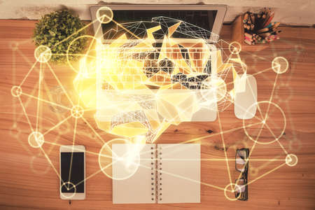 Multi exposure of brain sketch hologram over topview work table background with computer. Concept of big data.の写真素材