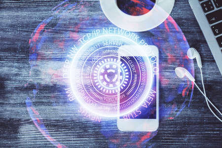 Multi exposure of technology theme drawing over table with phone. Top view. Concept of hightech.