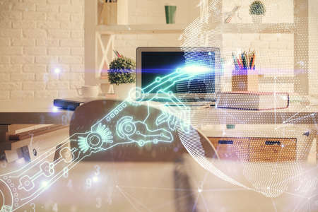 Double exposure of tech theme drawings and office interior background. Technology concept.