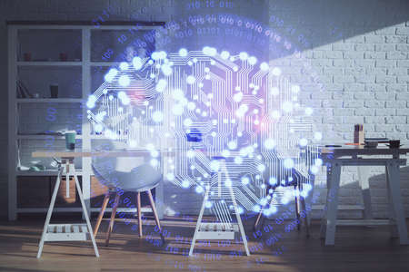 Double exposure of brain drawing and office interior background. Concept of data technology.の写真素材
