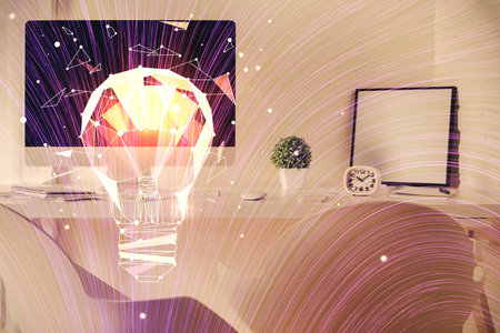 Double exposure of bulb and office interior background. Concept of idea.の写真素材