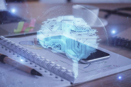 Double exposure of brain theme drawing and cell phone background. Concept of information