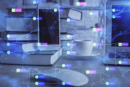 Double exposure of data theme drawing and mobile phone background. Concept of innovation