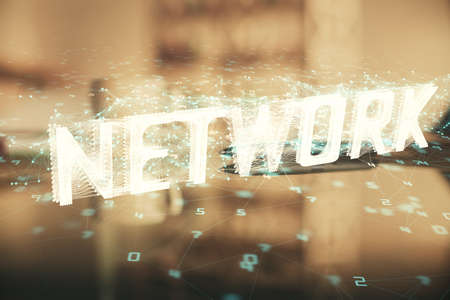 Double exposure of Ai data theme drawing over coffee cup background in office.の写真素材