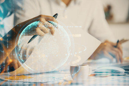Double exposure of map drawing over people taking notes background. Concept of international connectionの写真素材