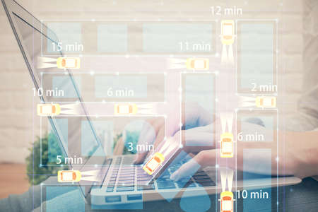 Double exposure of woman hands typing on computer and automobile theme drawing. High Tech concept.
