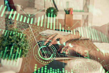 Double exposure of woman hands typing on computer and technology theme drawing. High Tech concept.