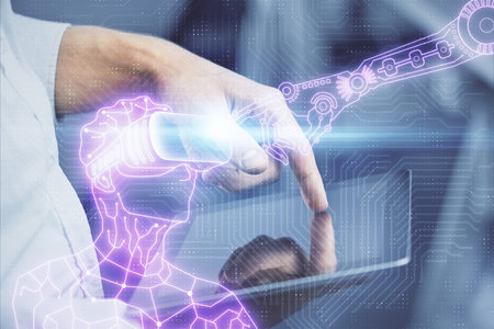 Double exposure of man's hands holding and using a digital device and AR glasses drawing. Virtual reality concept.の写真素材