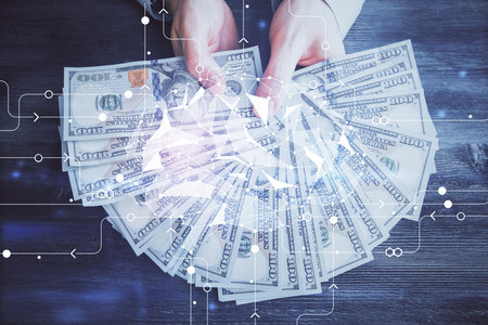 Multi exposure of brain drawing hologram and us dollars bills and man hands. Ai invest conceptの写真素材