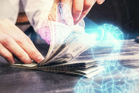 Multi exposure of vr glasses drawing hologram and USA dollars bills and man hands.の写真素材