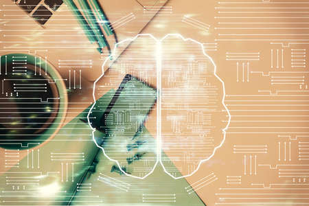 Multi exposure of brain sketch hologram over topview work table background with computer. Concept of...