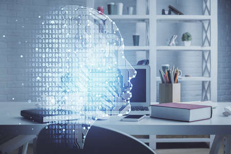 Double exposure of brain drawing and office interior background. Concept of data technology.の写真素材