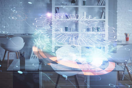 Double exposure of data theme drawing and office interior background. Concept of technology.