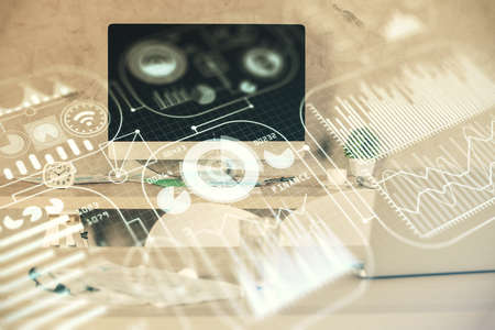Double exposure of tech theme drawings and office interior background. Technology concept.の写真素材