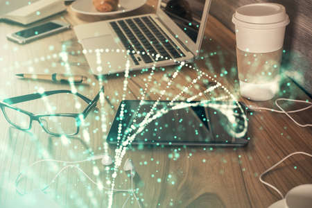 Double exposure of DNA drawing and cell phone background. Concept of medical educationの写真素材