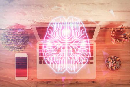 Multi exposure of brain sketch hologram over topview work table background with computer. Concept of big data.の写真素材