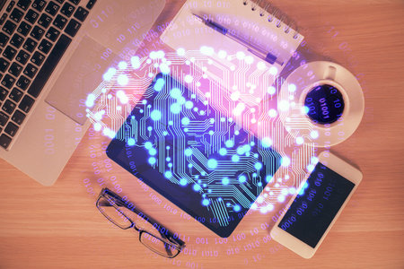 Double exposure of brain drawing over work table desktop. Top view. Global data analysis concept.