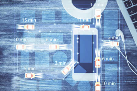 Multi exposure of auto technology theme drawing over table with phone. Top view. Concept of...