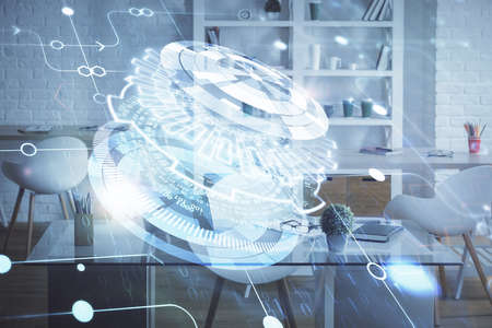 Double exposure of data theme drawing and office interior background. Concept of technology.の写真素材