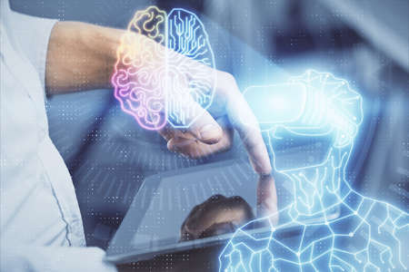 Double exposure of man's hands holding and using a digital device and AR glasses drawing. Virtual...