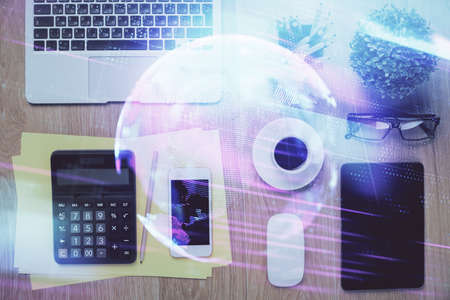 Multi exposure of technology theme drawing over table with phone. Top view. Concept of high tech.