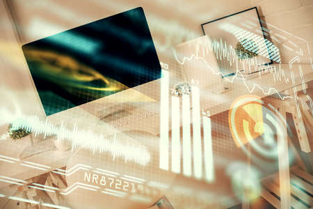 Double exposure of tech theme drawings and office interior background. Technology concept.