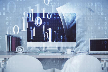 Multi exposure of data theme drawing and office interior background. Concept of technology.