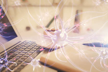 Double exposure of neuron drawing and desktop with coffee and items on table background. Concept of educationの写真素材